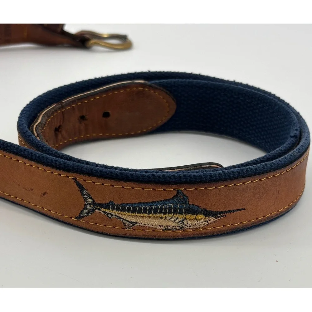 VTG Zeppelin Fish Canvas Leather Belt Size 46 Solid Brass Buckle Made In USA